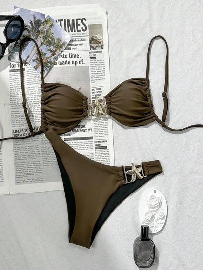 Sexy Metal Starfish Decoration Bikini Set 2025 Women Black Push Up High Waist Swimsuit Summer Bathing Suit Two Piece Swimwear