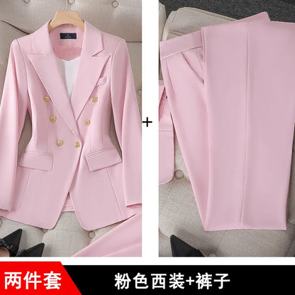 Fashion Office Ladies Formal Pant Suit Set Women Blue Pink Yellow Female Business Work Wear 2 Piece Blazer Jacket And Trouser