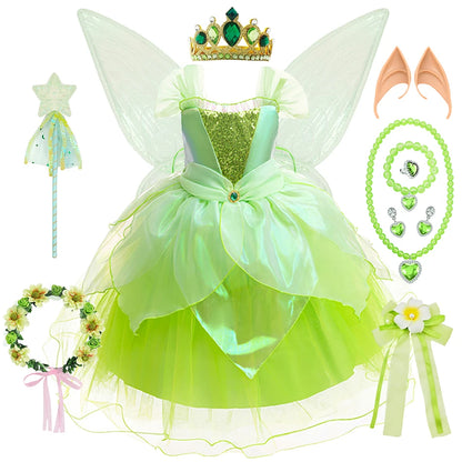 Tinker Bell Girls Fairy Princess Dress Kid Cosplay Elf Costume Tinkerbell Halloween Carnival Party Clothes Fantasy Green Vestido