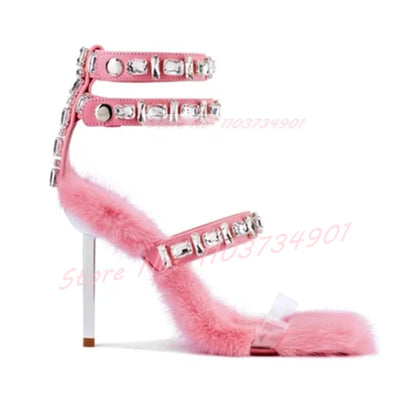 Pink Furry Sweet Crystal Metal Heel Sandals Women Classy Ankle Strap Round Toe High Heels Shoes Lady Sexy Elegant Fashion Shoes