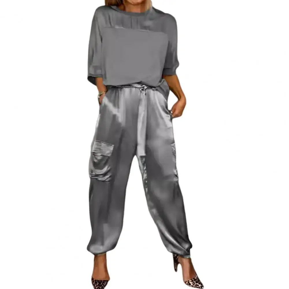 Spring Summer Fall Two-piece Suit Elegant Satin Women's Top Pants Set with Lace-up Waist Pockets Three Quarter Sleeves O for Any