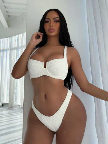 2024 New Solid White Swimsuit Woman 2023 Sexy Underwire U-neck Bikini High Waist Two Piece Swimwear Backless Beach Bathing Suit