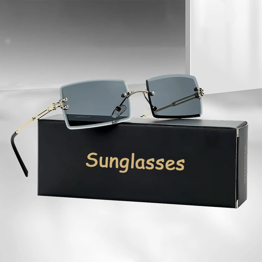 Men's Sunglasses Retro Sunglasses for Men Women Tinted Lens Metal Frame Vintage Rimless Rectangle Glasses UV400 Protection