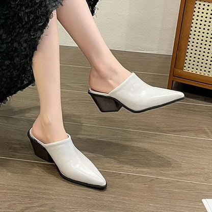 Retro Shoes Women Mules Pointed-toe Block Heel Fashion Slippers Casual Thin Shoes Patent Leather Heels Classy Party Prom Shoes