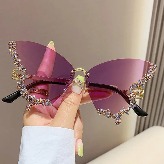 Luxury Diamond Butterfly Sunglasses Women Brand Y2K Vintage Rimless Oversized Sun Glasses Ladies Eyewear Shades UV400 Goggles