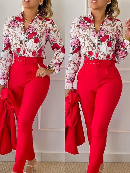 Women's Shirt 2 Pieces Suit Set 2024 Fall Print V Neck Long Sleeve Top Casual High Waist Pockets Work Female Clothes Pants Set