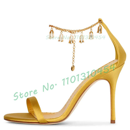 Yellow Satin Metal Bell Chain Sandals Women Chic Classy Open Toe Casual High Heels Sandals Female Ankle Strap Luxury Party Shoes