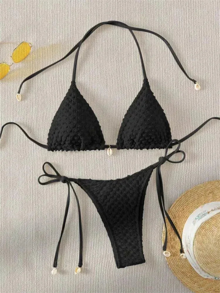 Sexy Bikini Set White Shell Designer Swimsuit 2025 New Halter Push Up Micro Bikinis Summer Bathing Suit Tie Side Thong Swimwear