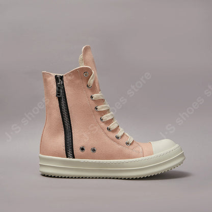 Ricks Men Casual Shoe Women Pink Canvas Shoes High Top Sneaker Owens Ankle Boot Zipper Thick Sole Flat Shoes Luxury Sneakers