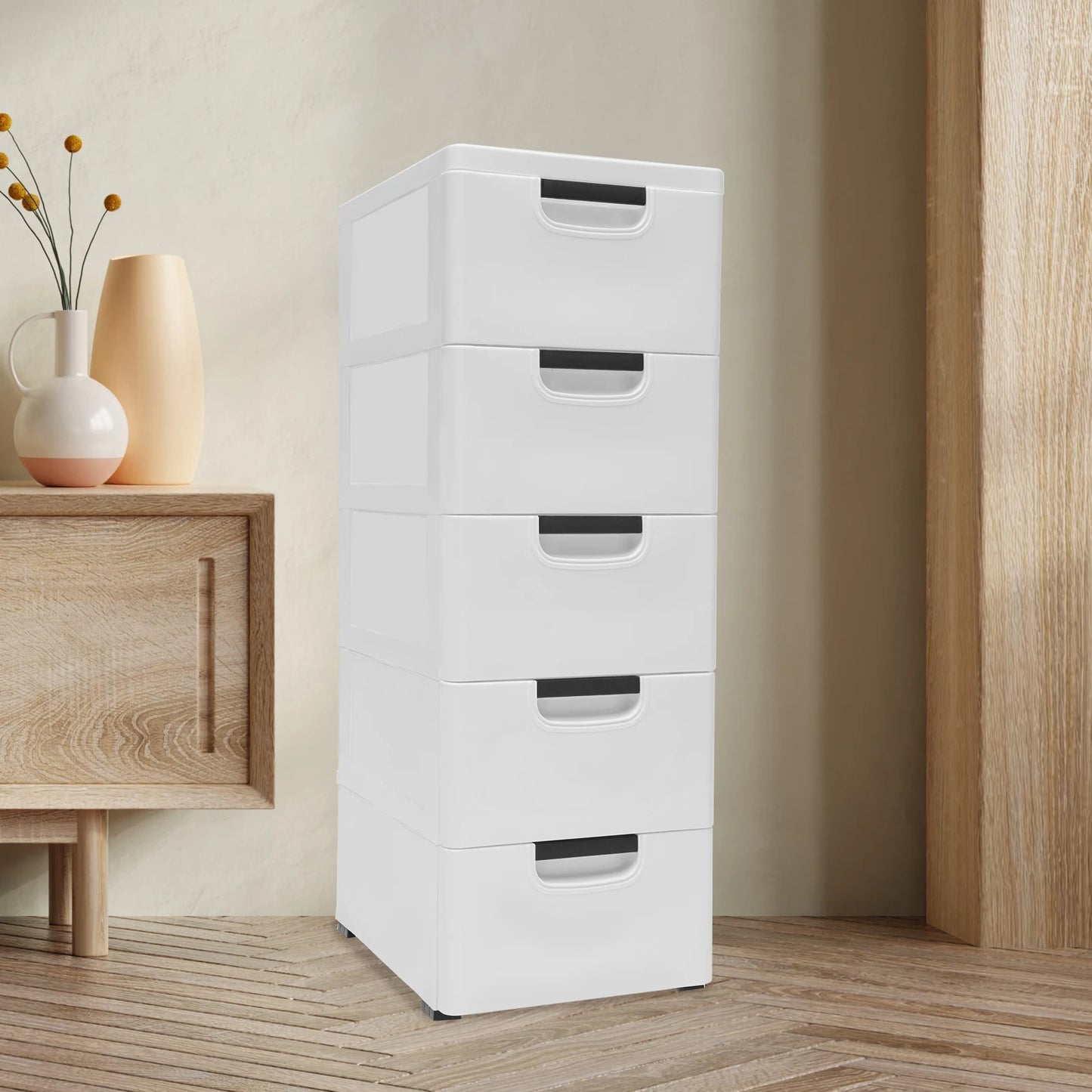 Plastic Drawers Dresser Storage Cabinet with 5 Drawers Closet Tall Standing Bedside Furniture Nightstand End Table for Bedroom