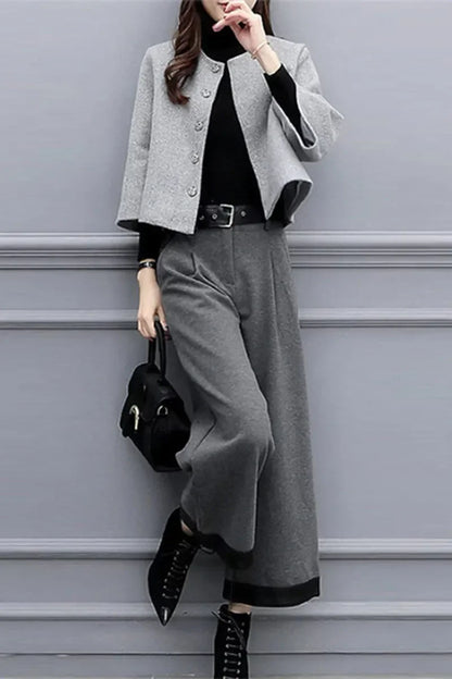 Winter Thick Pants Set Women Fashion Luxury Commuter Short Round Neck Tweed Jacket Loose Wide-legged Trousers 2pcs Matching Set