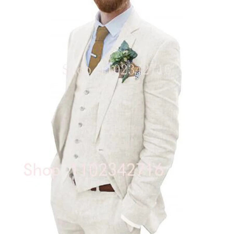 Costume Homme 3 Piece Linen Men Suits 2023 Groom Tuxedo for Wedding Groomsman Summer Beach Male Suit (Jacket+Pants+Vest) Terno