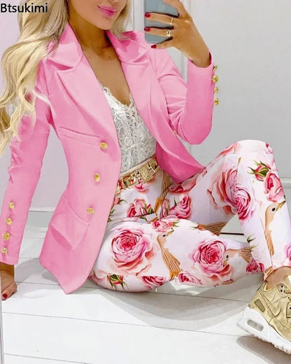 2025 Women Formal Jacket & Trousers Office Lady Outfits Autumn Women Two Pieces Set Print Blazer Coat & Pants Suit Sets Female