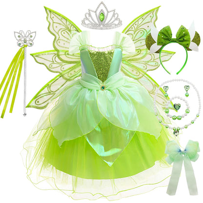 Tinker Bell Girls Fairy Princess Dress Kid Cosplay Elf Costume Tinkerbell Halloween Carnival Party Clothes Fantasy Green Vestido