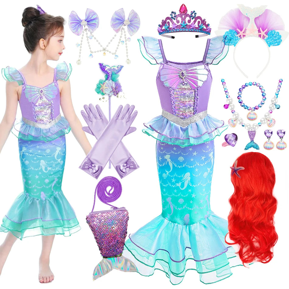 Mermaid Ariel Cosplay Princess Costume Kids Cartoon Printed Dress Girls Halloween Children Carnival Birthday Party Clothes