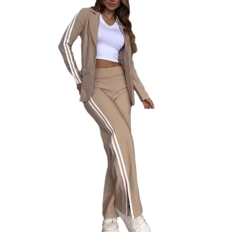 New Elegant Office Lady Sets Long Sleeve Fashion Lapel No Buckle Blazer Striped Side Split Straight Pants Casual Two Piece Sets