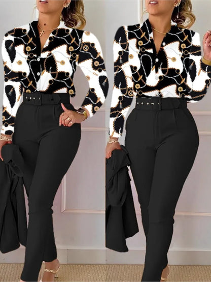 Women's Shirt 2 Pieces Suit Set 2024 Fall Print V Neck Long Sleeve Top Casual High Waist Pockets Work Female Clothes Pants Set