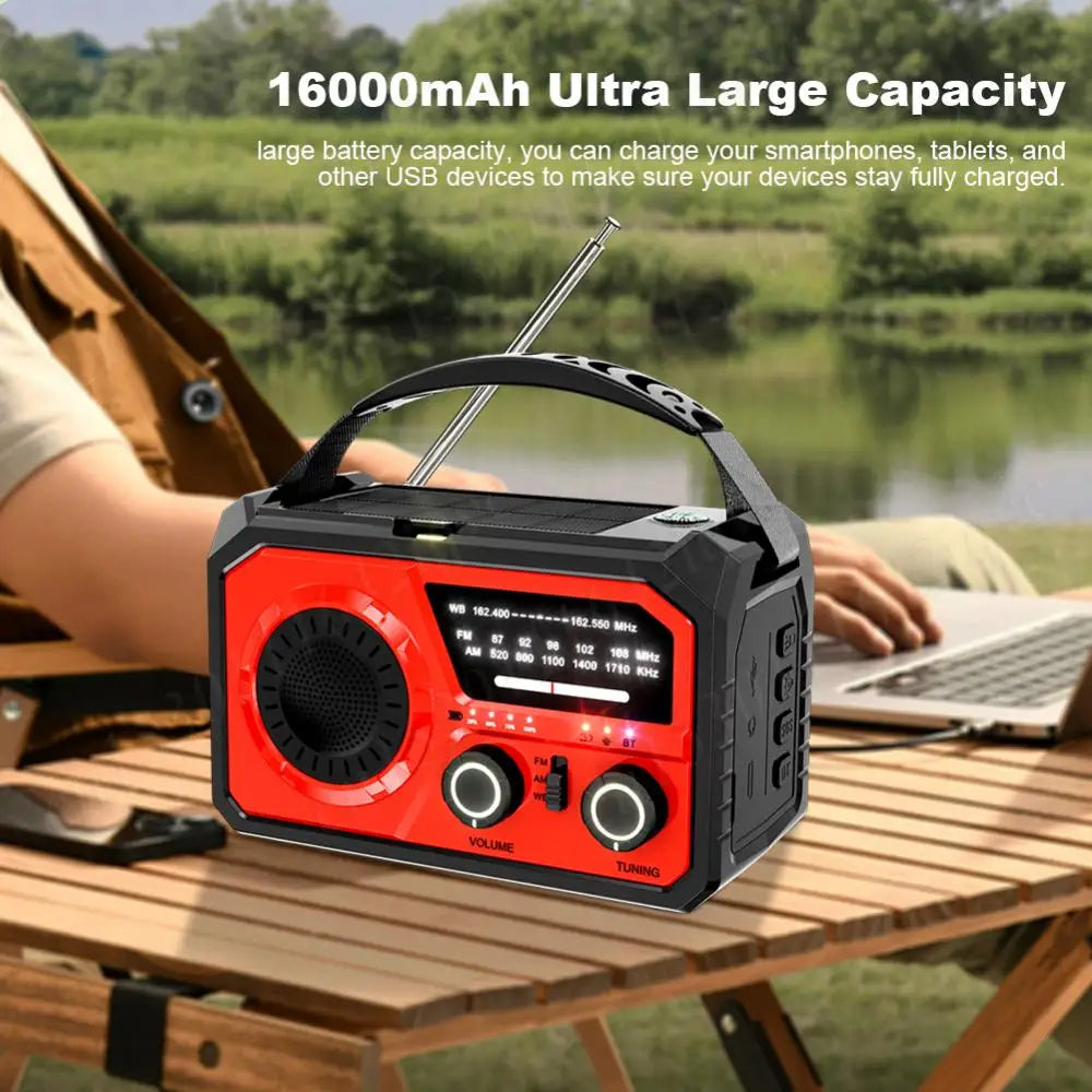 16000mAh AM/FM/WB NOAA Weather Radio Solar Hand Crank Radio LED Flashlight Reading Lamp Bluetooth5.3 Speaker Emergency Radio