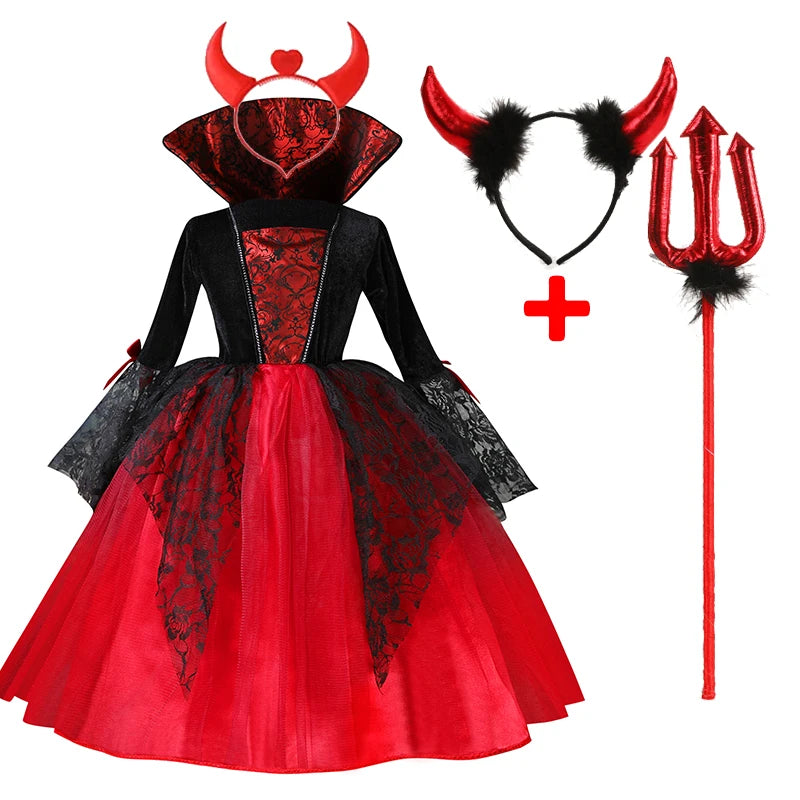 2024 Girls Cosplay Vampire Halloween Dress For Kids Ghost Bride Gothic Costume Count Vampiran Carnival Outfit Black Red Clothes