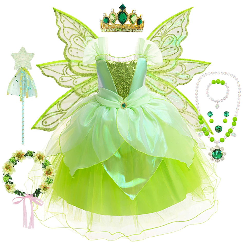 Tinker Bell Girls Fairy Princess Dress Kid Cosplay Elf Costume Tinkerbell Halloween Carnival Party Clothes Fantasy Green Vestido