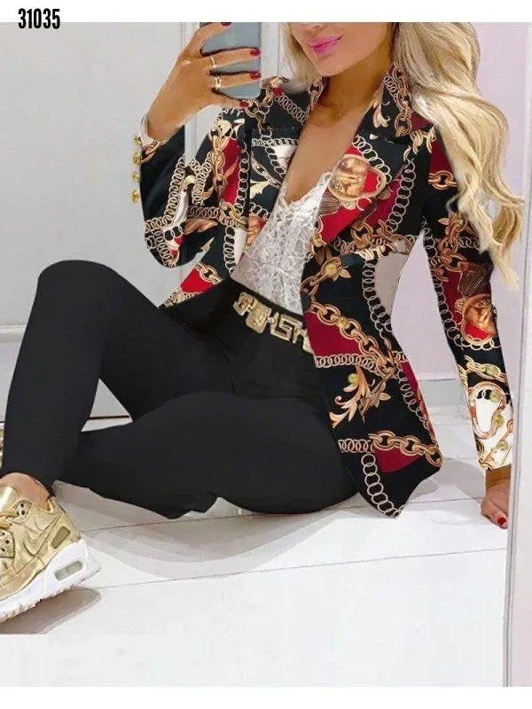 2025 Women Formal Jacket & Trousers Office Lady Outfits Autumn Women Two Pieces Set Print Blazer Coat & Pants Suit Sets Female