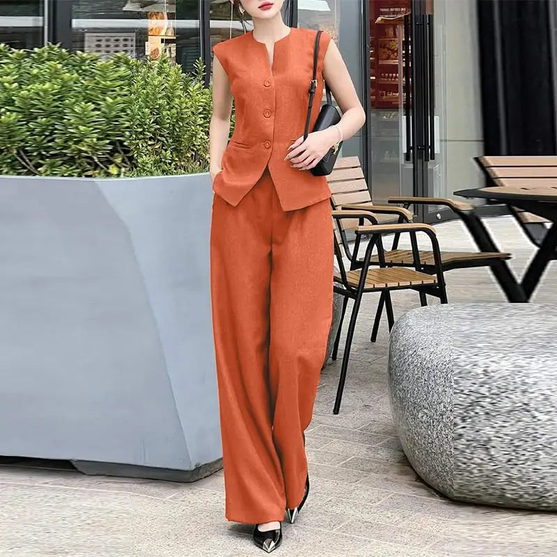 ZANZEA Women 2pcs Matching Sets Fashion Sleeveless Waistcoat Suits Office Lady Wide Leg Pants Casual Loose Solid Retro Outfits