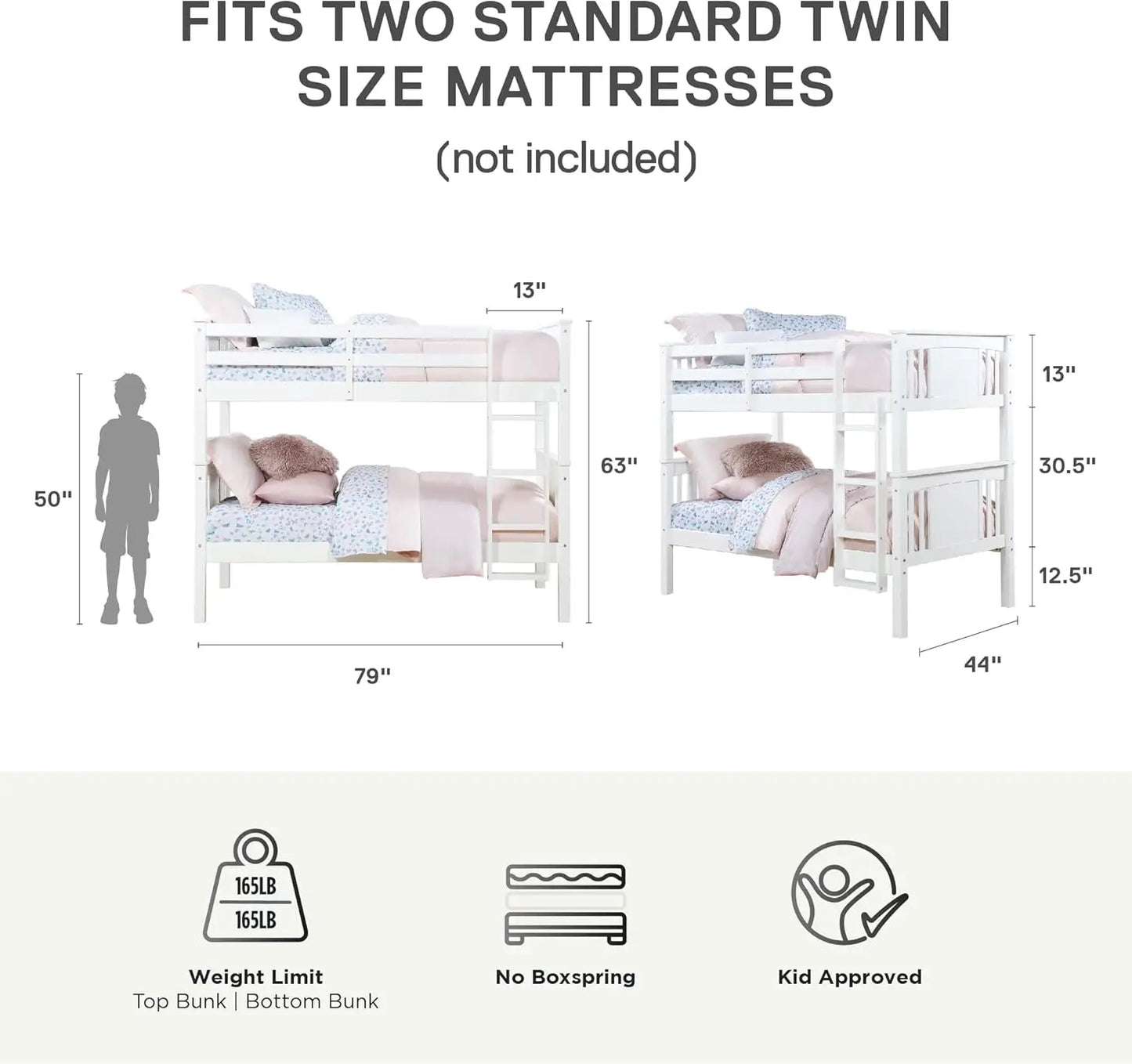 Stackable and Detachable Bed Frames for Kids and Teens, with Ladder, High Guardrail, Wood Slats, No Boxspring Required