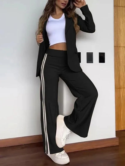 New Elegant Office Lady Sets Long Sleeve Fashion Lapel No Buckle Blazer Striped Side Split Straight Pants Casual Two Piece Sets