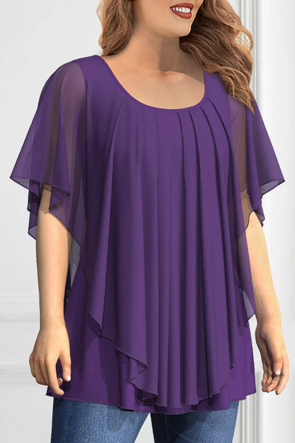 Women's Plus Size Chiffon T shirt Short Sleeve Ruched Round Neck Double Layer Flutter Sleeve Pleated Asymmetric Hem Tee Tops