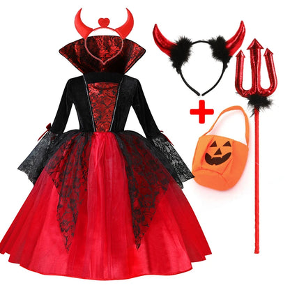 2024 Girls Cosplay Vampire Halloween Dress For Kids Ghost Bride Gothic Costume Count Vampiran Carnival Outfit Black Red Clothes