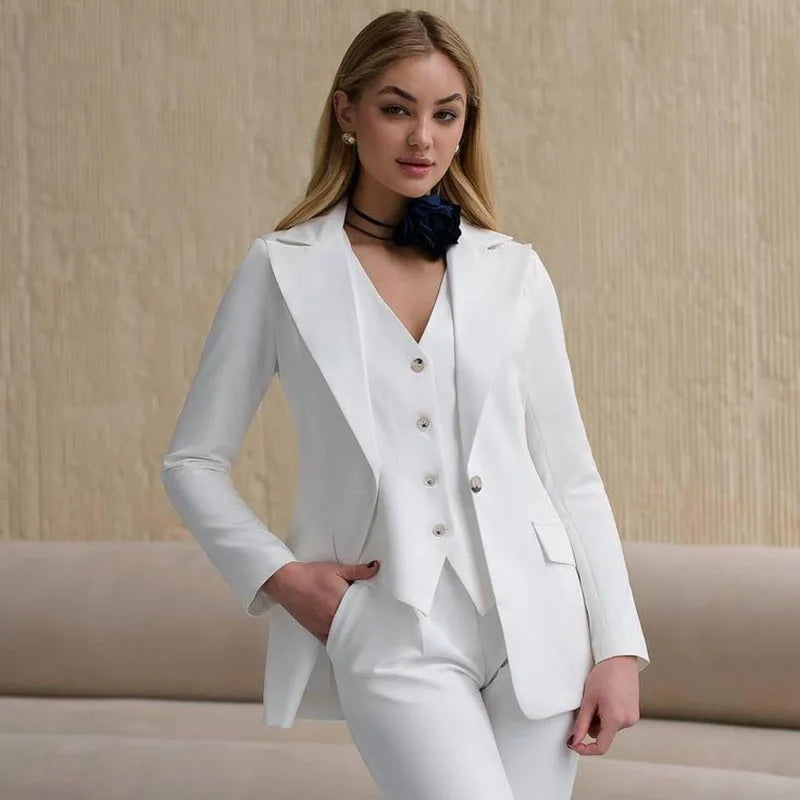 Fashion White One Button Women's Suits 3 Piece Jacket Pants Vest Outerwear Elegant Business Female Clothing Luxury Blazer