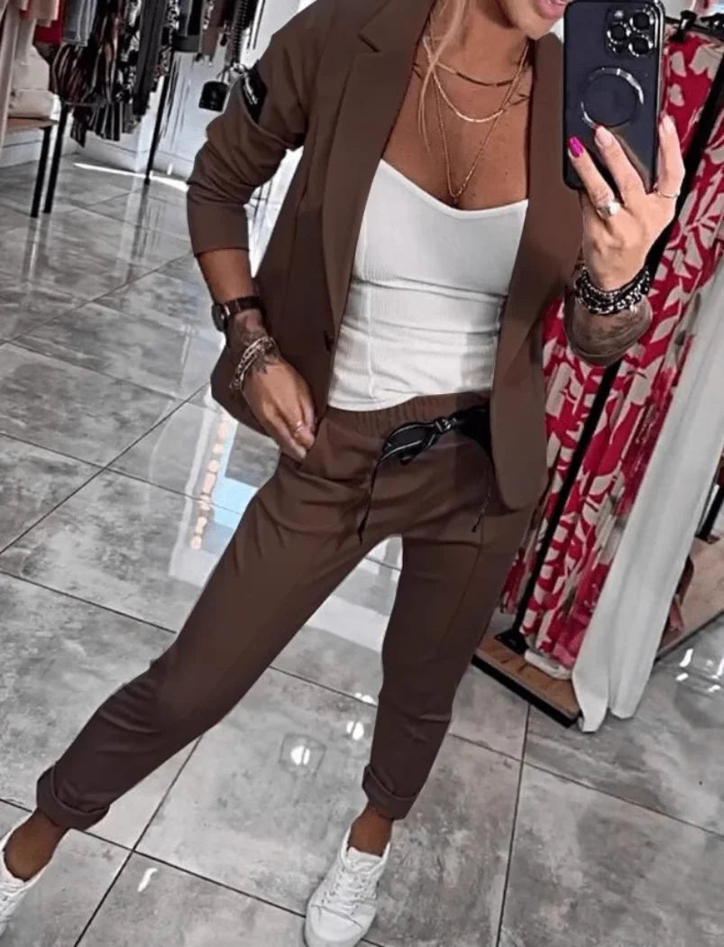 Autumn And Winter Women Casual Solid Color Slim Fit Blazer Two-piece Fashion Button Cardigan Jacket + Pencil Pants 2-piece Suit