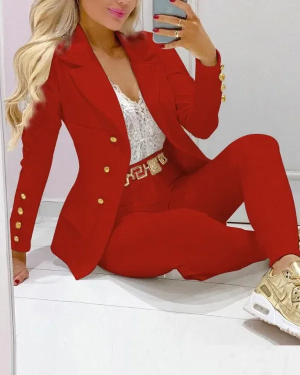 New 2023 Formal Office Pant Sets Women 2PCS Double Breasted Solid Blazers Jacket and Pants Two Pieces Set Female Pant Suits Sets