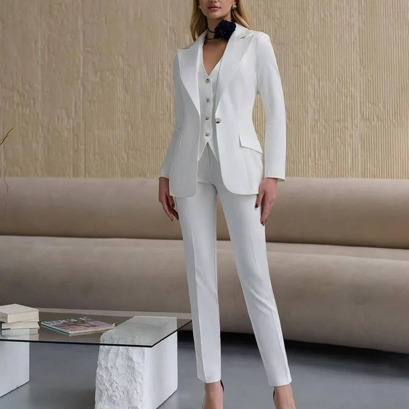 Fashion White One Button Women's Suits 3 Piece Jacket Pants Vest Outerwear Elegant Business Female Clothing Luxury Blazer