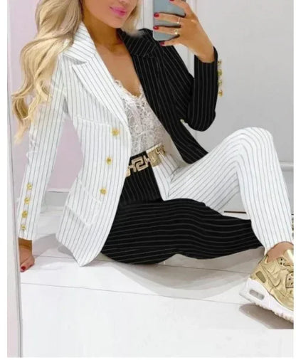 2025 Women Formal Jacket & Trousers Office Lady Outfits Autumn Women Two Pieces Set Print Blazer Coat & Pants Suit Sets Female