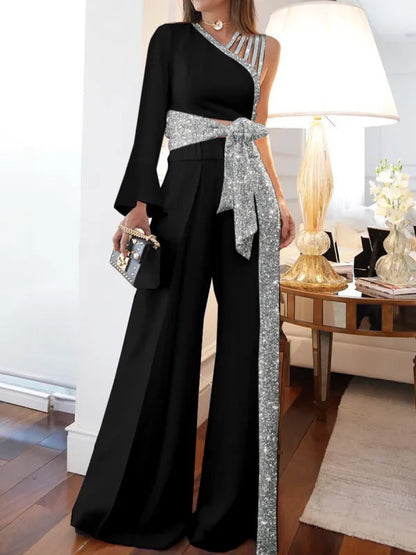 New Arrivals 2024 Spring Summer New Women's Clothing Single Shoulder Bell Sleeve Top Casual High Waist Wide Leg Pants Suit