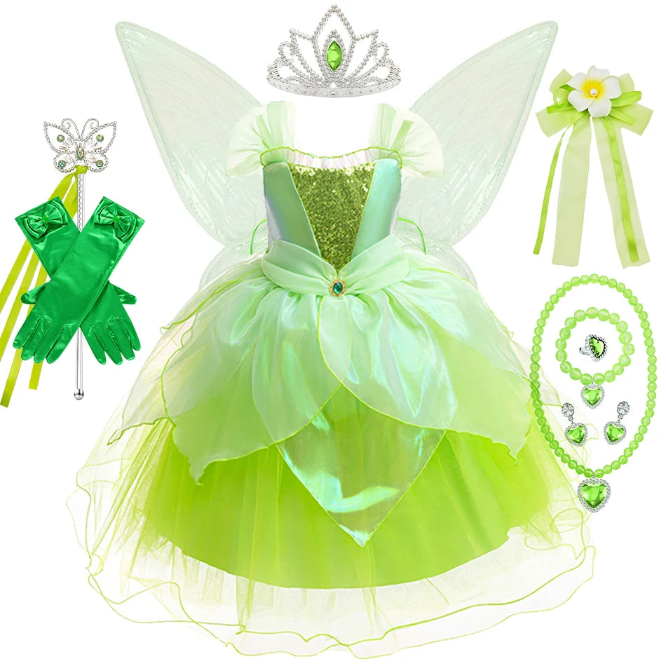 Tinker Bell Girls Fairy Princess Dress Kid Cosplay Elf Costume Tinkerbell Halloween Carnival Party Clothes Fantasy Green Vestido