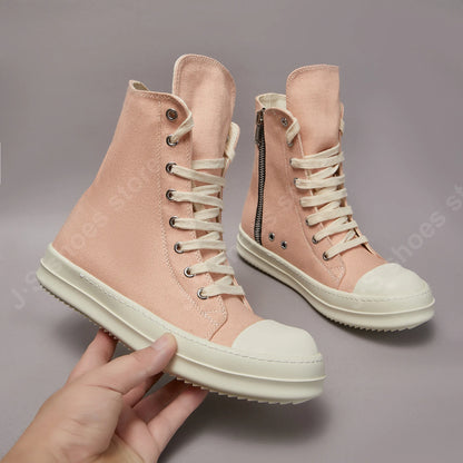 Ricks Men Casual Shoe Women Pink Canvas Shoes High Top Sneaker Owens Ankle Boot Zipper Thick Sole Flat Shoes Luxury Sneakers