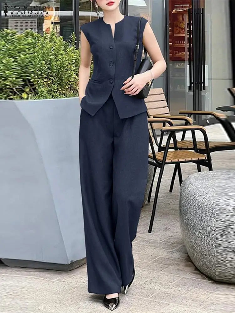 ZANZEA Women 2pcs Matching Sets Fashion Sleeveless Waistcoat Suits Office Lady Wide Leg Pants Casual Loose Solid Retro Outfits