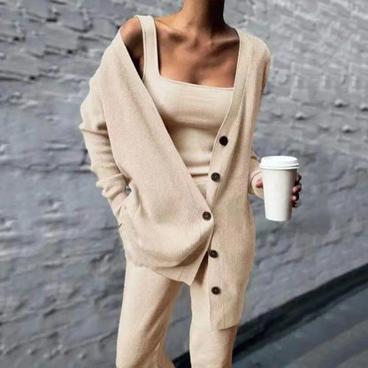 Women Knitted Outfit Three-piece Tank Top Cardigan Pants Set Solid Long Sleeves Knitted Suit Spring Outerwear Vest Pants Set