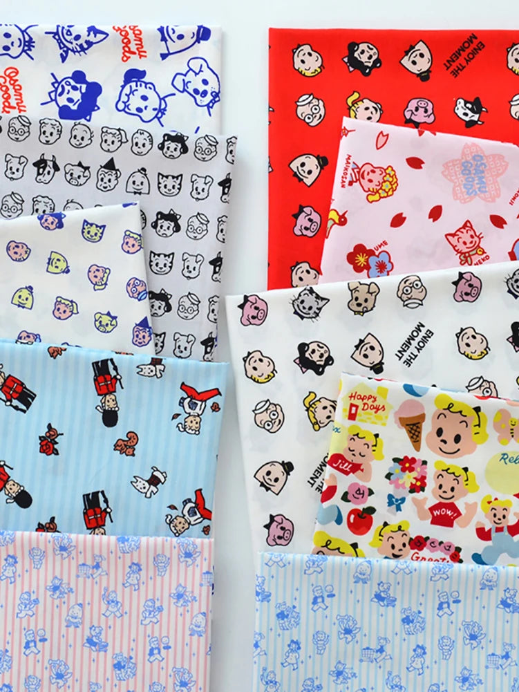 Japanese Style Cartoon Fabric Cute Illustration Comic Character Children Chintz for Sewing Clothes Dresses by Half Meter