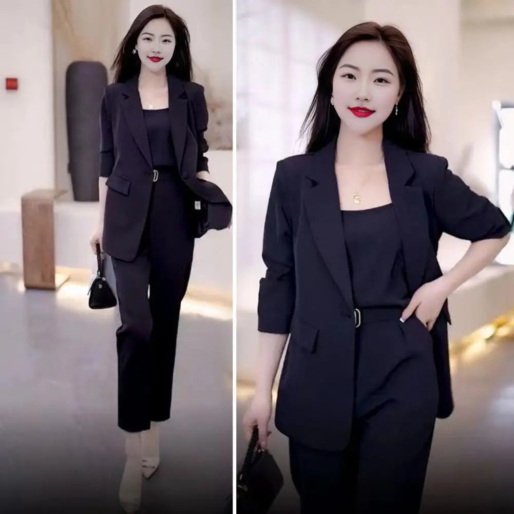 3 Pcs Women Spring Fall Blazers Pants Set 2024 New Office Lady Solid Professional Suit Workwear Outfits Female Soft OL Commuting