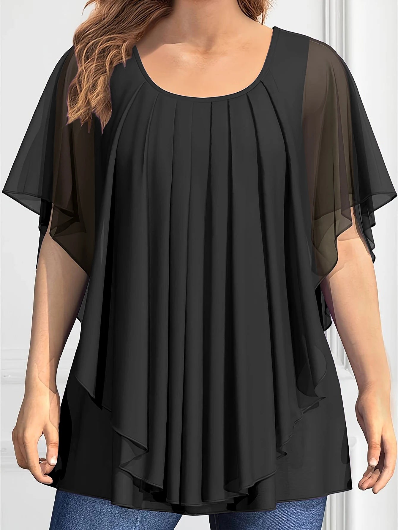 Women's Plus Size Chiffon T shirt Short Sleeve Ruched Round Neck Double Layer Flutter Sleeve Pleated Asymmetric Hem Tee Tops