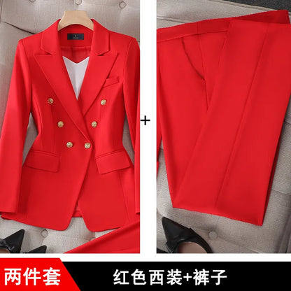 Fashion Office Ladies Formal Pant Suit Set Women Blue Pink Yellow Female Business Work Wear 2 Piece Blazer Jacket And Trouser