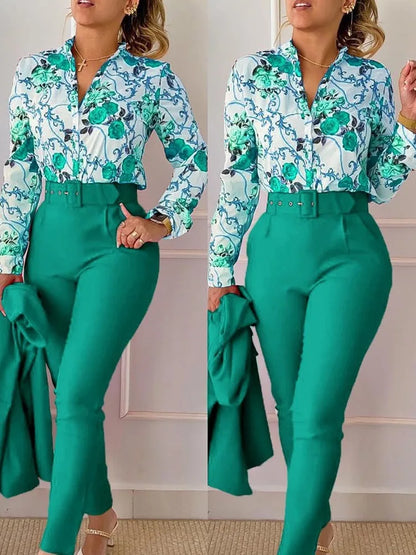 Women's Shirt 2 Pieces Suit Set 2024 Fall Print V Neck Long Sleeve Top Casual High Waist Pockets Work Female Clothes Pants Set