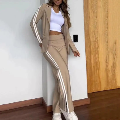 2 Pcs/Set Women's Blazer Formal Coat Pants Set Autumn Winter Long Sleeves Jacket Loose Striped Wide Leg Casual Suit Outfit