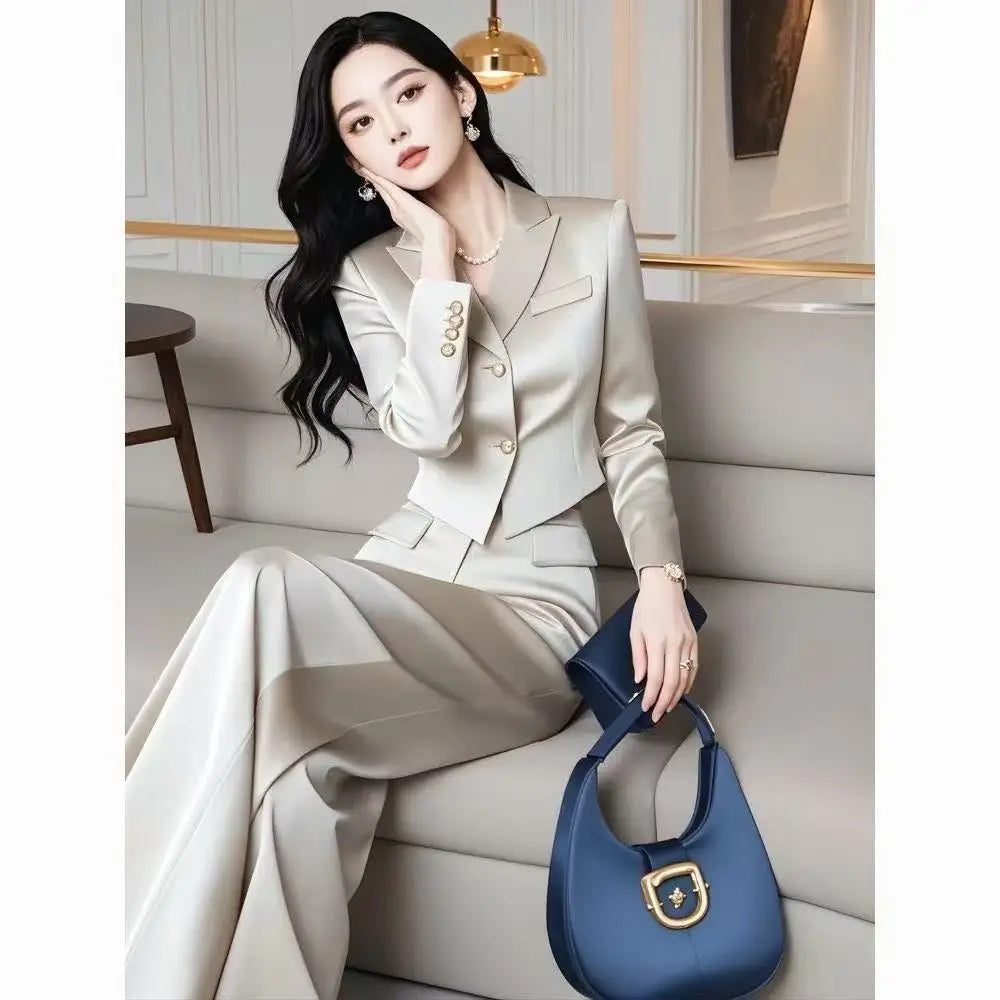 2PCS Elegant Office Lady White Suit Autumn New Women's Formal Outfits Luxury Pearl Buttons Jacket + High Waist Pants 2-Piece Set