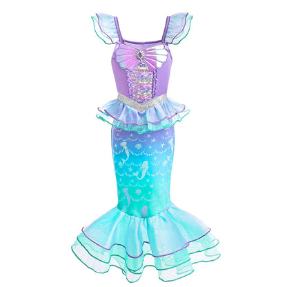 Mermaid Ariel Cosplay Princess Costume Kids Cartoon Printed Dress Girls Halloween Children Carnival Birthday Party Clothes