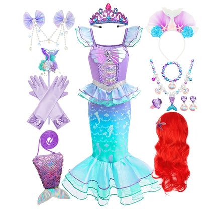 Mermaid Ariel Cosplay Princess Costume Kids Cartoon Printed Dress Girls Halloween Children Carnival Birthday Party Clothes