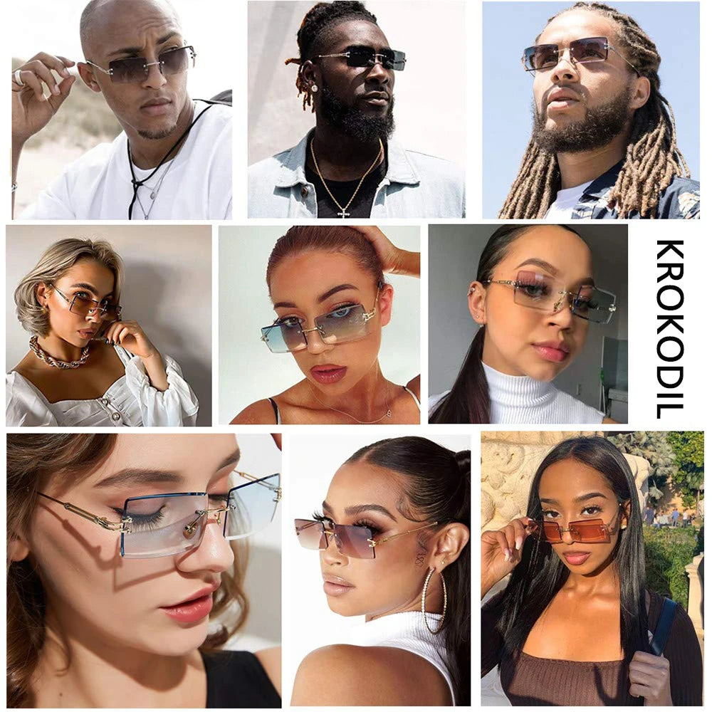 Men's Sunglasses Retro Sunglasses for Men Women Tinted Lens Metal Frame Vintage Rimless Rectangle Glasses UV400 Protection